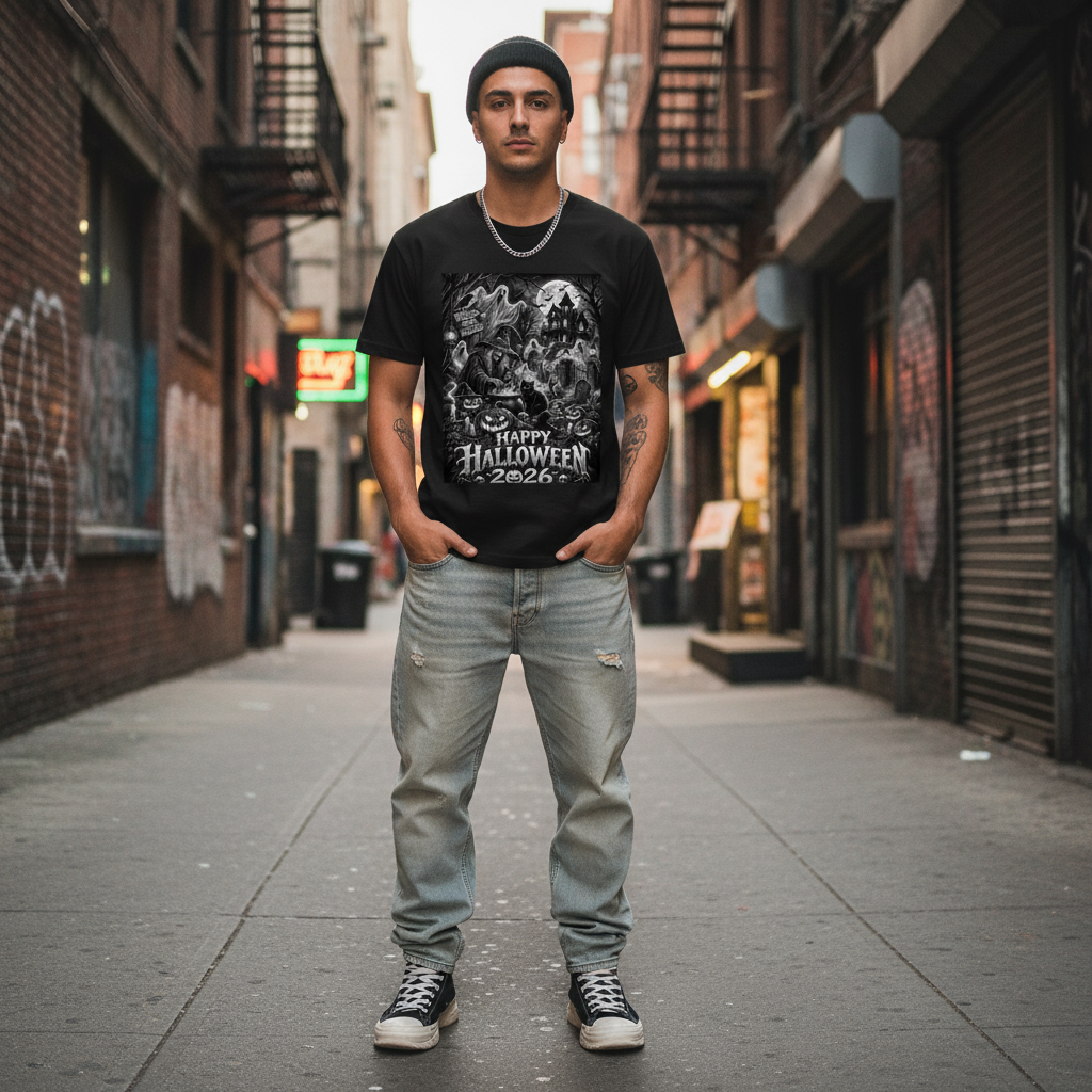 Happy Halloween Graphic T-Shirt – Model Mockup Front View