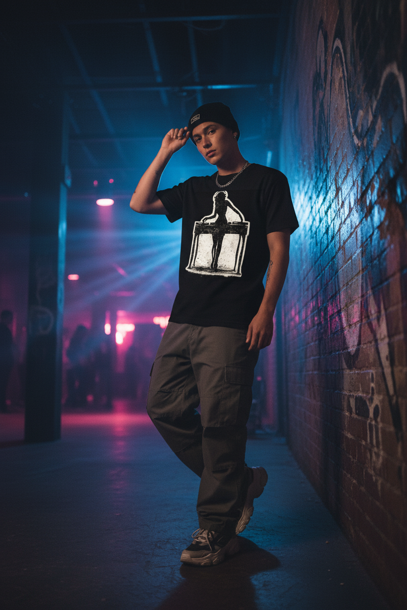 Person wearing Music Life DJ silhouette graphic tee in urban setting