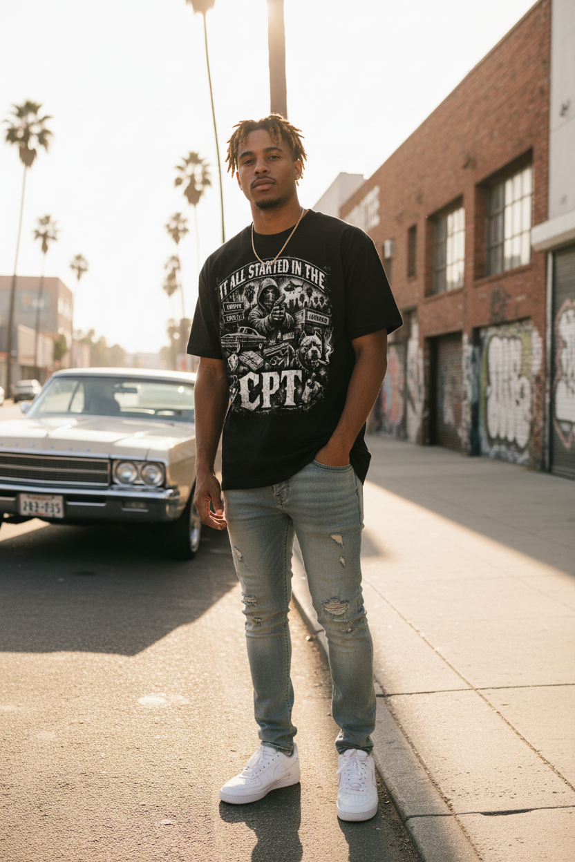Person wearing It All Started In The CPT Compton streetwear tee in LA urban setting