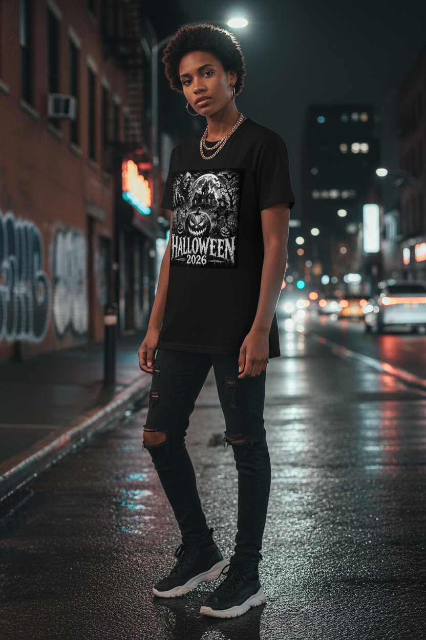 Model wearing the exact Midnight Mischief Halloween graphic tee with the matching front artwork visible