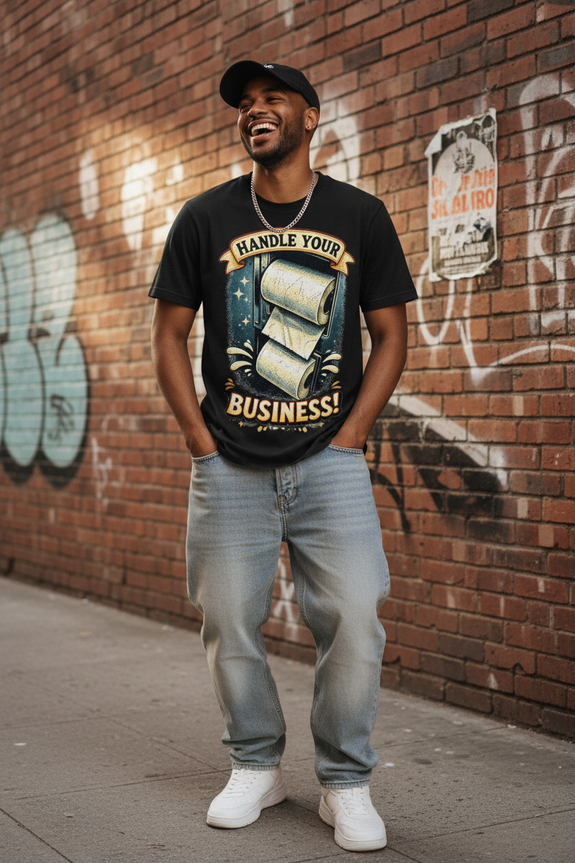 Person wearing Handle Your Business graphic tee on urban street