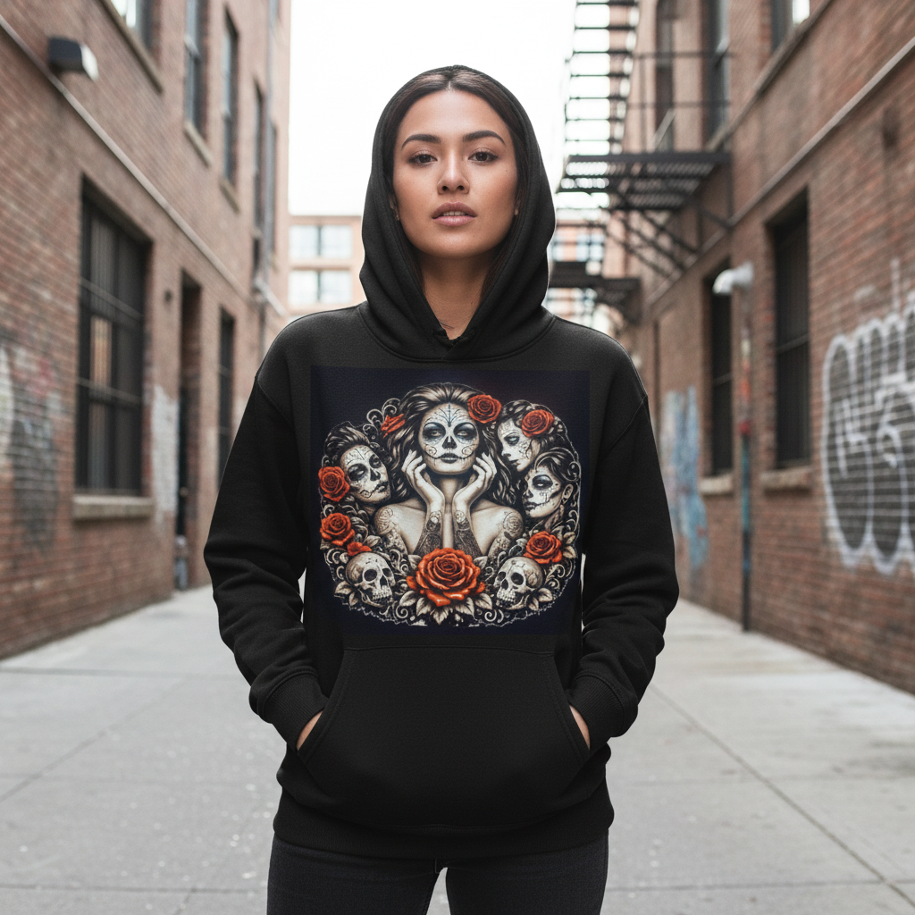 Sugar Skulls Black Hoodie – Model Mockup Front View